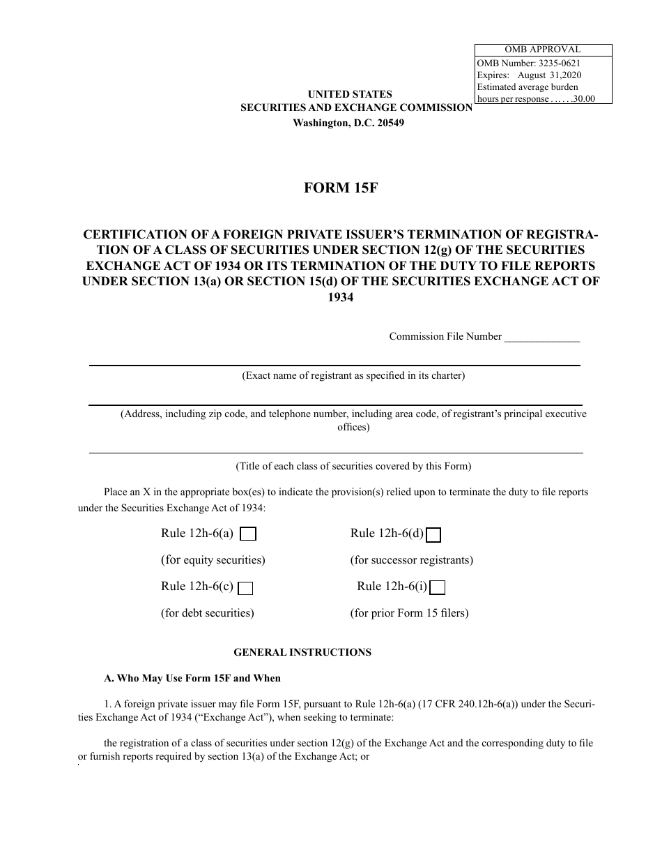 SEC Form 15F Certification of a Foreign Private Issuers Termination of Registration of a Class of Securities Under Section 12(G) of the Securities Exchange Act of 1934 or Its Termination of the Duty to File Reports Under Section 13(A) or Section 15(D) of the Securities Exchange Act of 1934, Page 1