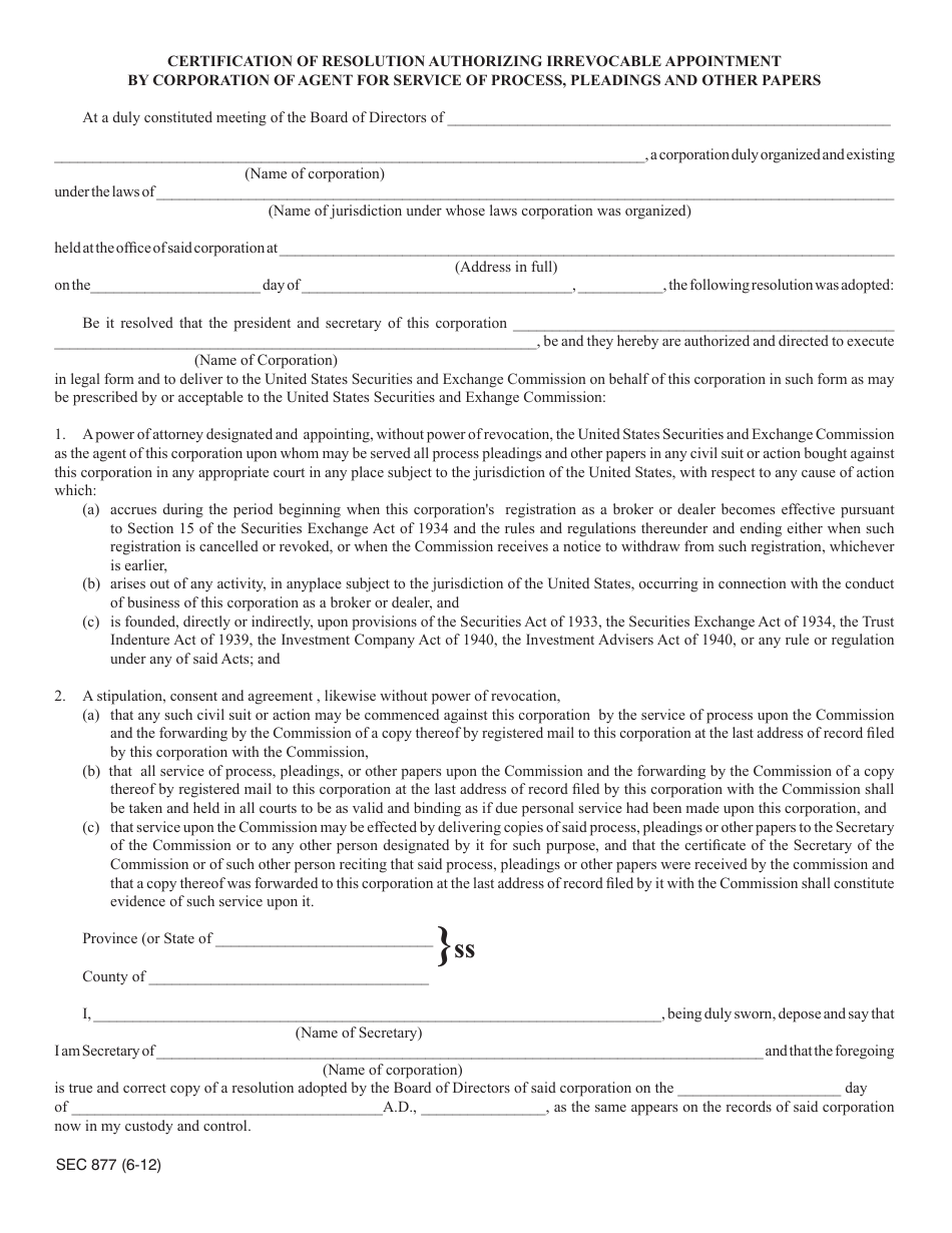 SEC Form 877 (8-M) Irrevocable Appointment of Agent for Service of Process, Pleadings and Other Papers by Corporate Non-resident Broker or Dealer, Page 3