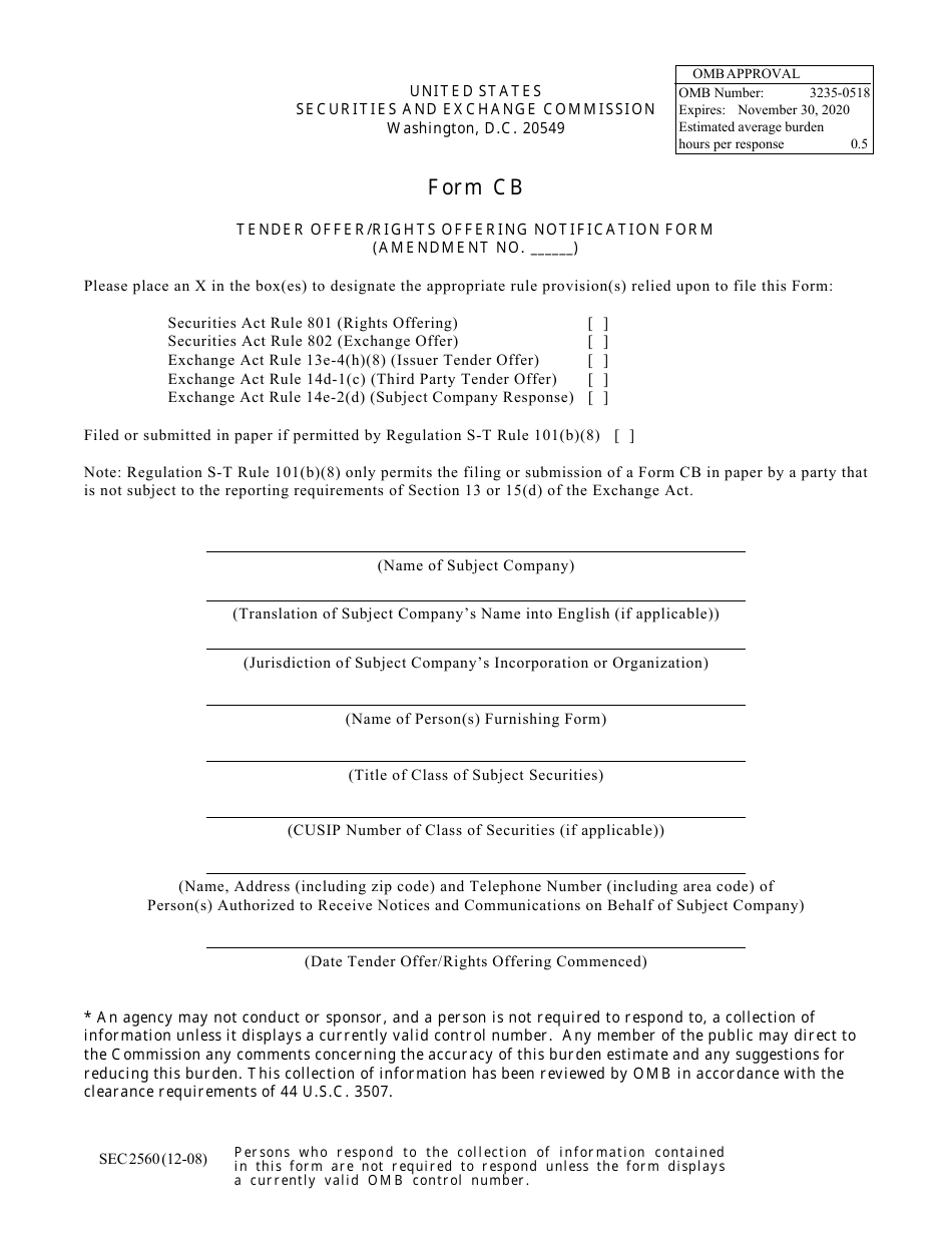 SEC Form 2560 (CB) Fill Out, Sign Online and Download Printable PDF