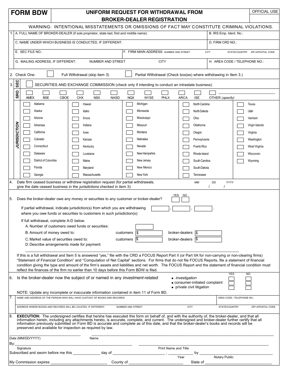 SEC Form 122 (BDW) Uniform Request for Withdrawal From Broker-Dealer Registration, Page 3