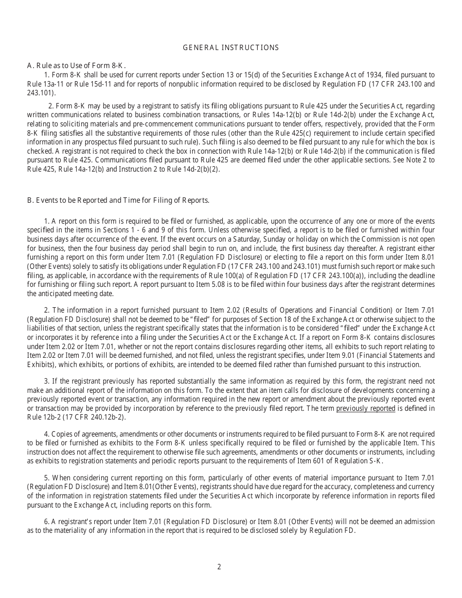 SEC Form 873 (8-K) Current Report Pursuant to Section 13 or 15(D) of the Securities Exchange Act of 1934, Page 2
