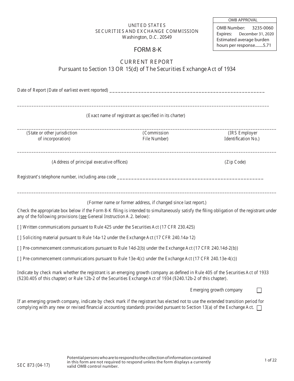 SEC Form 873 (8-K) - Fill Out, Sign Online and Download Printable PDF ...