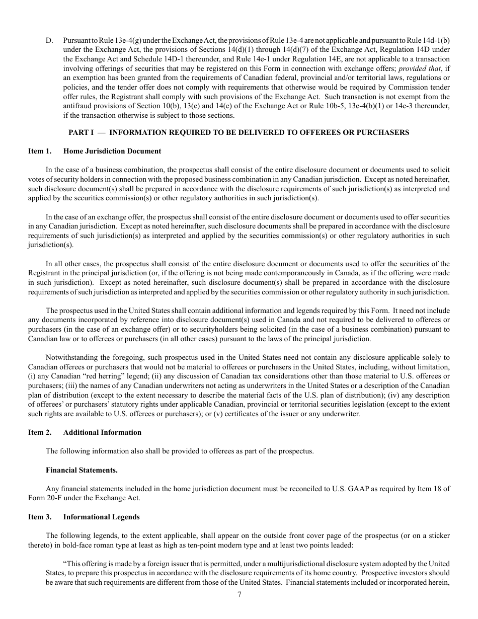 SEC Form 2292 (F-10) Registration Statement Under the Securities Act of 1933, Page 7