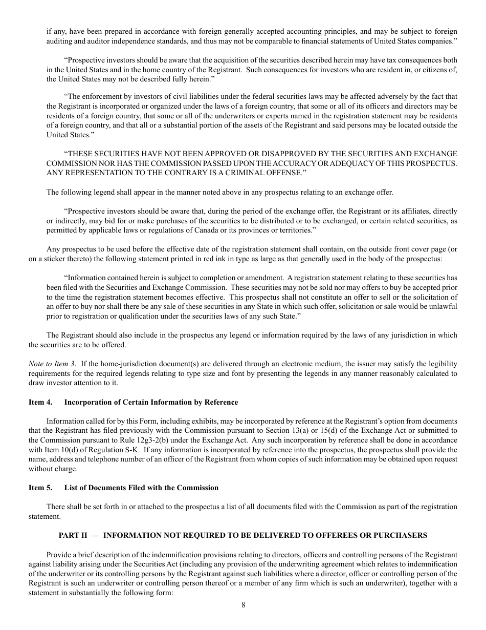 SEC Form 2292 (F-10) Registration Statement Under the Securities Act of 1933, Page 8