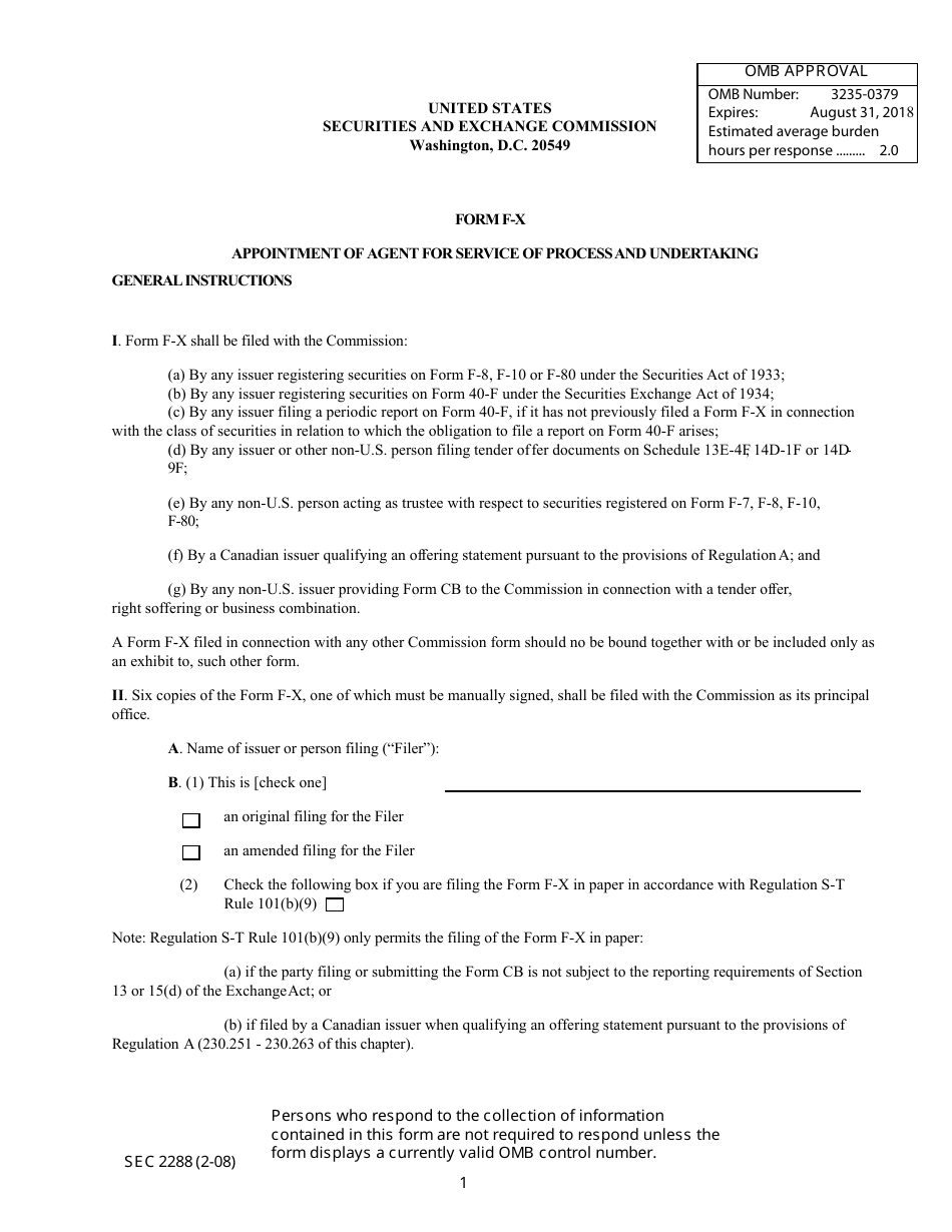 SEC Form 2288 (F-X) Appointment of Agent for Service of Process and Undertaking, Page 1