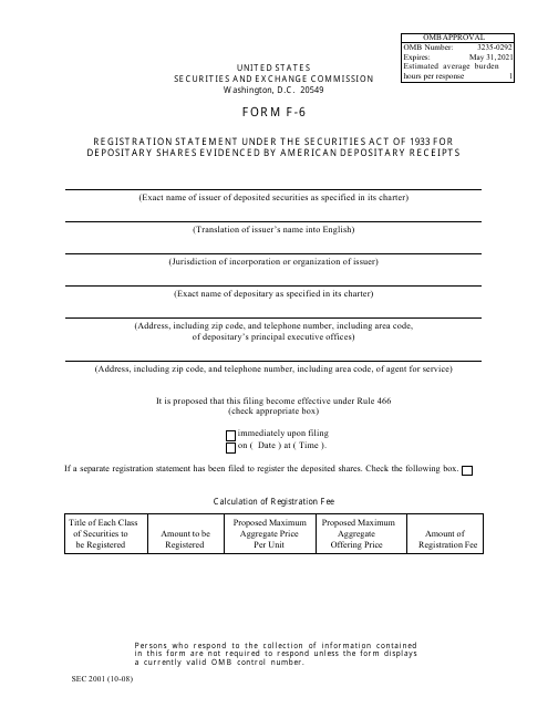 SEC Form 2001 (F-6)  Printable Pdf