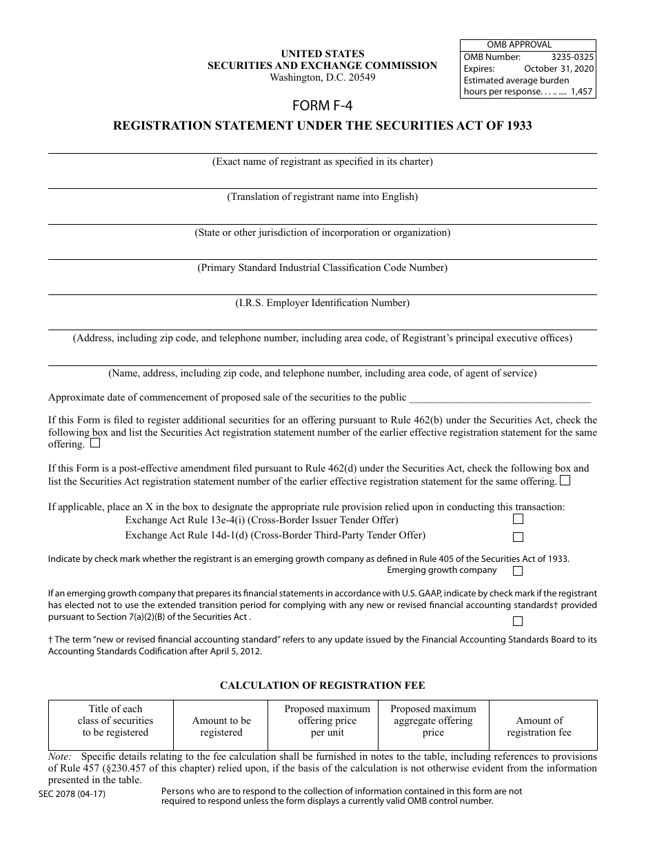 SEC Form 2078 (F-4) Registration Statement Under the Securities Act of 1933, Page 1