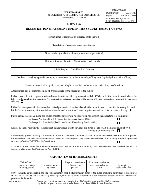 SEC Form 2078 (F-4)  Printable Pdf