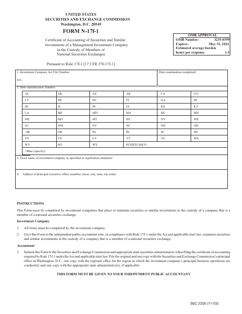 SEC Form 2205 (N-17F-1)  Printable Pdf