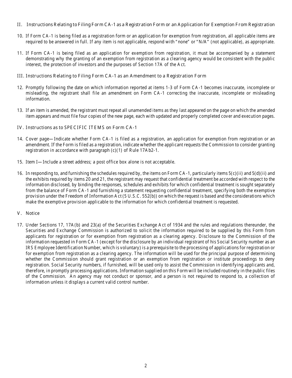 SEC Form 1853 (CA-1) Application for Registration or for Exemption From Registration as a Clearing Agency and for Amendment to Registration Pursuant to the Securities Exchange Act of 1934 (the Act), Page 2
