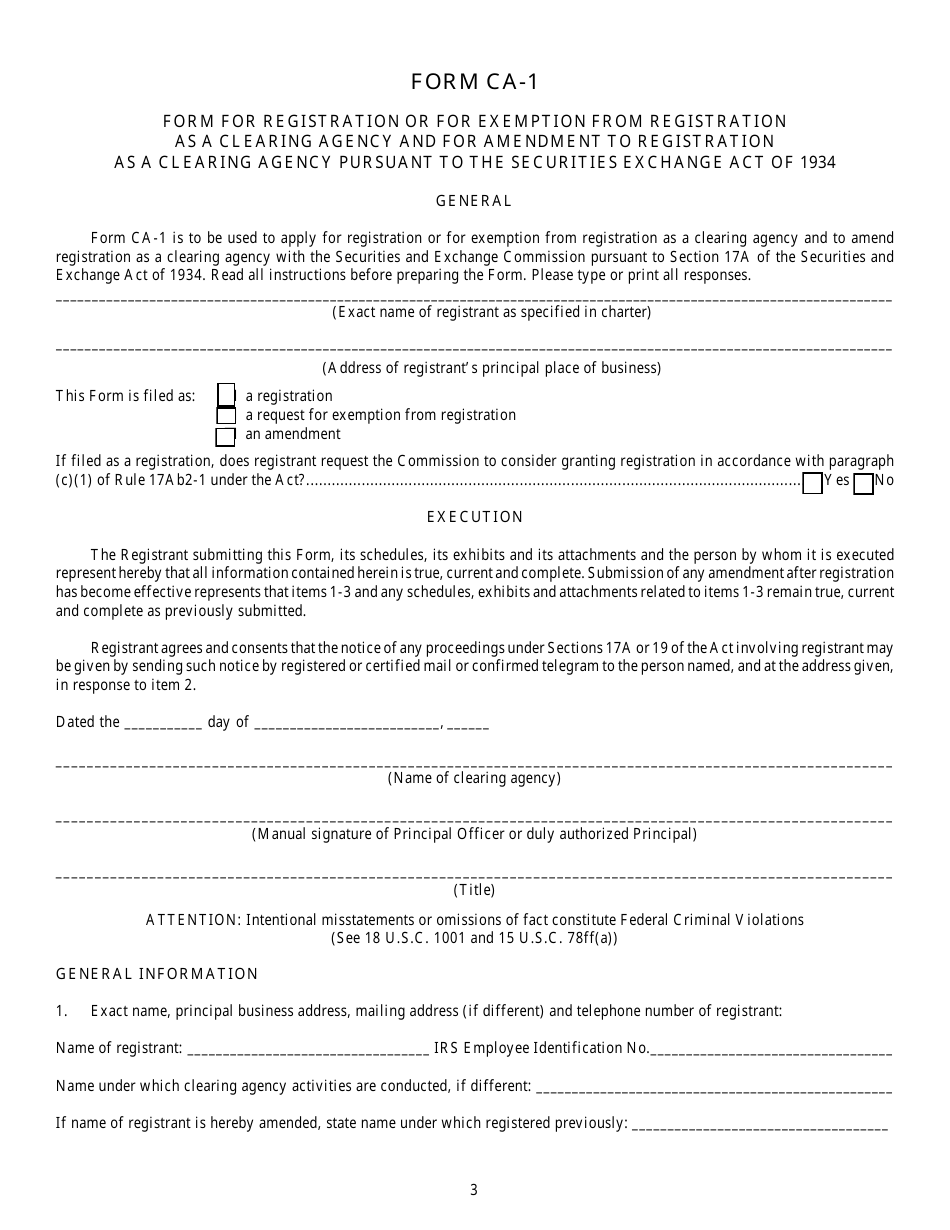 SEC Form 1853 (CA-1) Application for Registration or for Exemption From Registration as a Clearing Agency and for Amendment to Registration Pursuant to the Securities Exchange Act of 1934 (the Act), Page 3