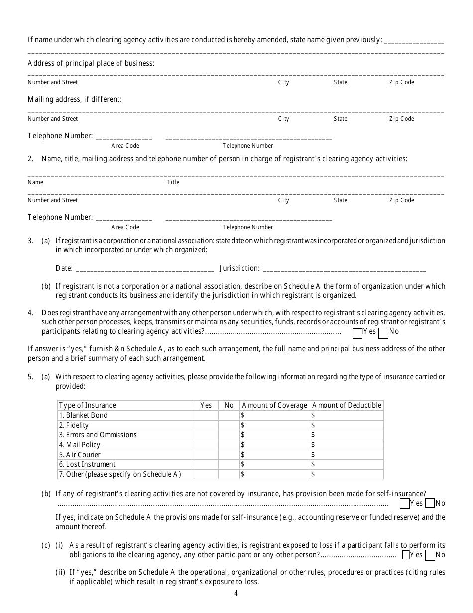 SEC Form 1853 (CA-1) Application for Registration or for Exemption From Registration as a Clearing Agency and for Amendment to Registration Pursuant to the Securities Exchange Act of 1934 (the Act), Page 4
