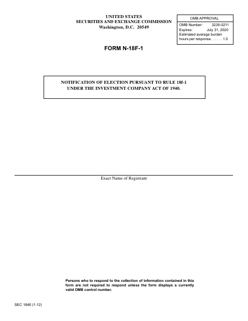 SEC Form 1846 (N-18F-1)  Printable Pdf