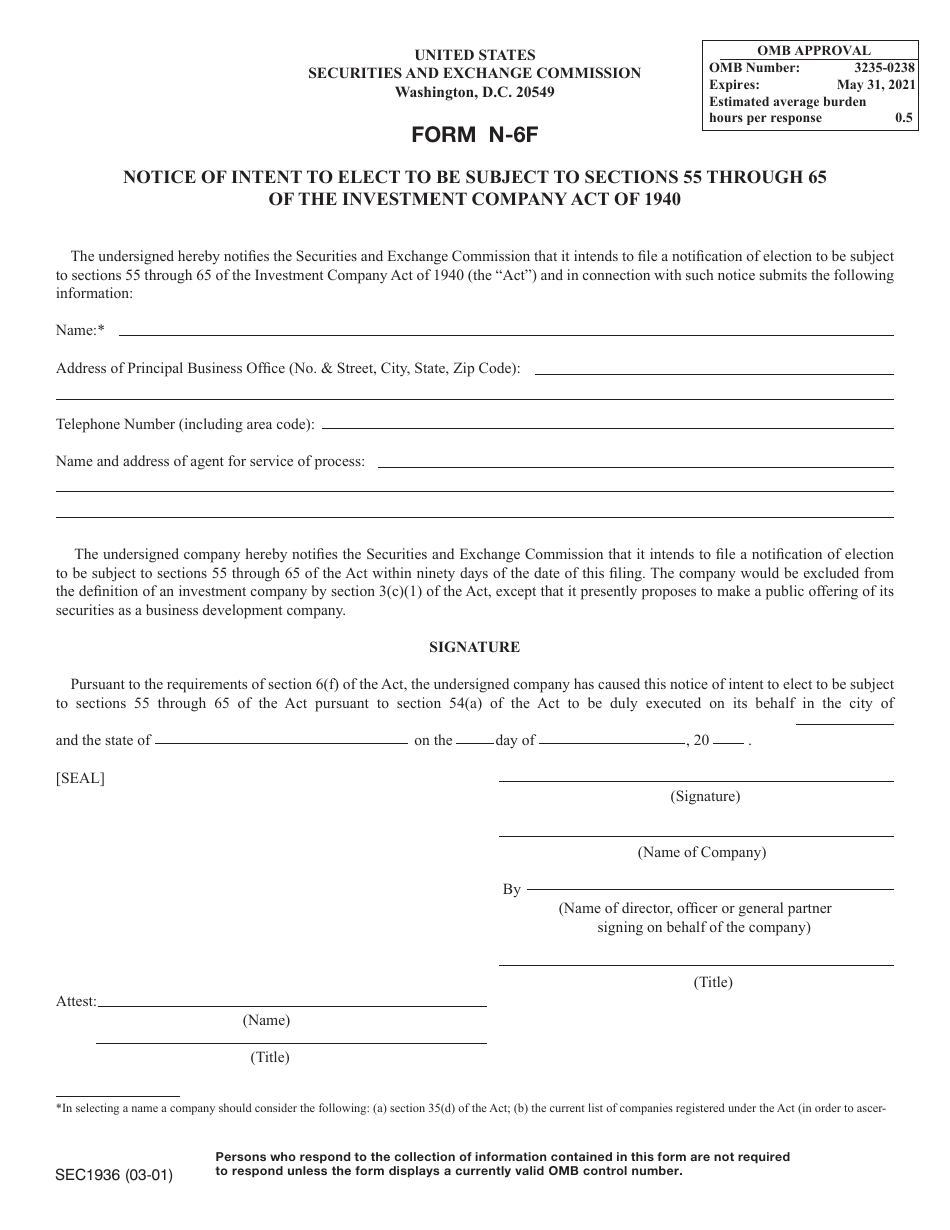 SEC Form 1936 (N-6F) Notice of Intent to Elect to Be Subject to Sections 55 Through 65 of the Investment Company Act of 1940, Page 1