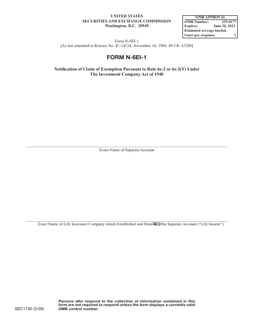 SEC Form 1130 (N-6EI-1)  Printable Pdf