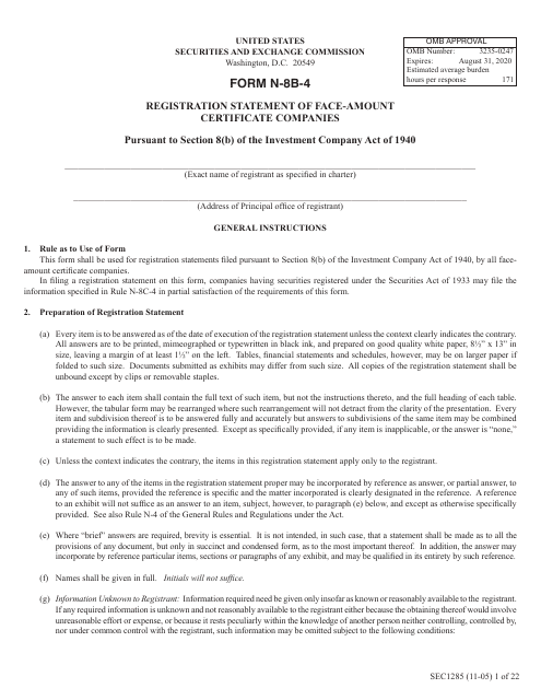SEC Form 1285 (N-8B-4)  Printable Pdf