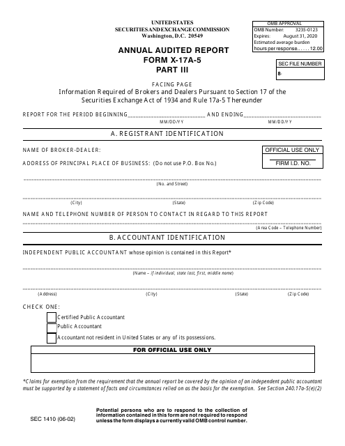 SEC Form 1410 (X-17A-5) Part III  Printable Pdf
