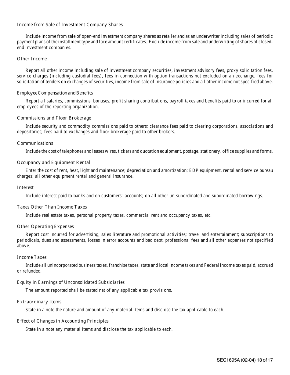 Instructions for SEC Form 1695, X-17A-5 Part II Focus Report, Page 13