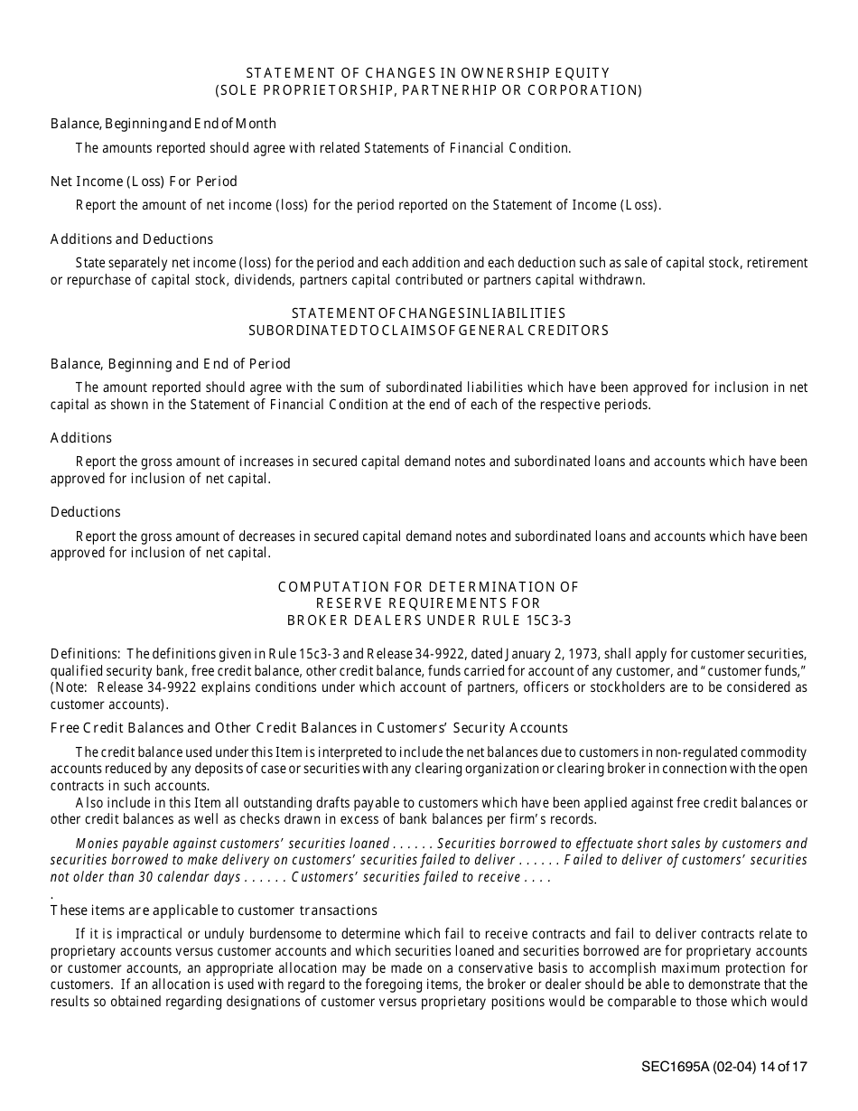 Instructions for SEC Form 1695, X-17A-5 Part II Focus Report, Page 14