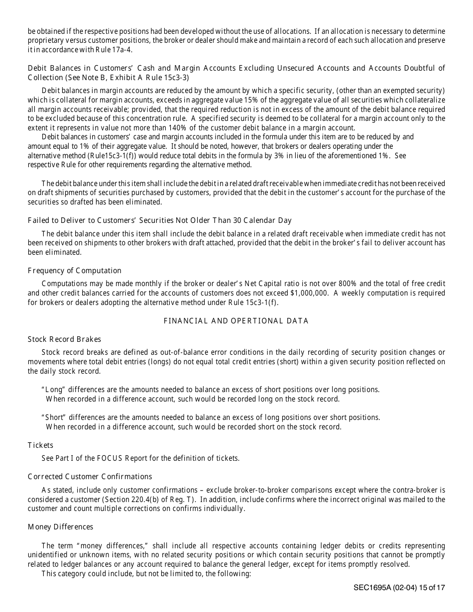 Instructions for SEC Form 1695, X-17A-5 Part II Focus Report, Page 15