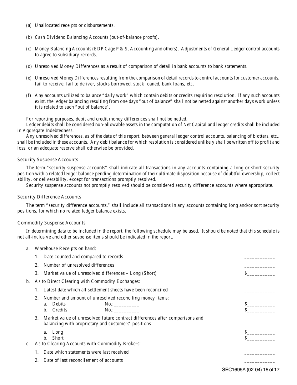Instructions for SEC Form 1695, X-17A-5 Part II Focus Report, Page 16