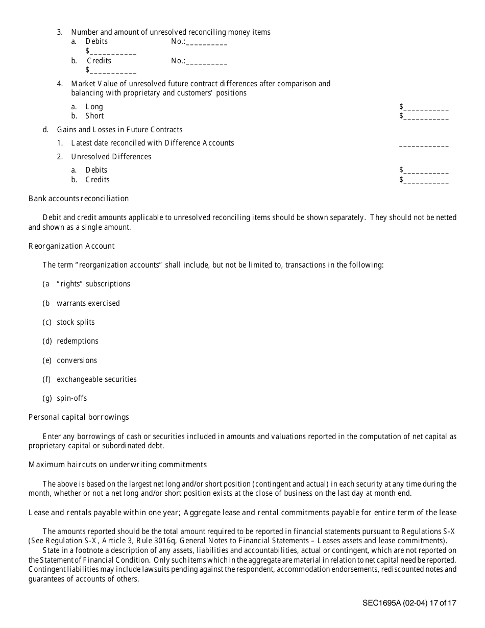 Instructions for SEC Form 1695, X-17A-5 Part II Focus Report, Page 17