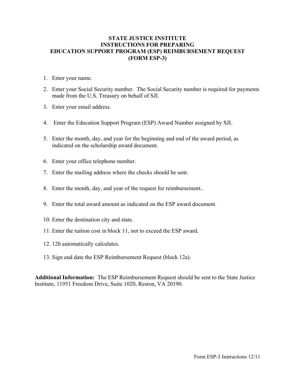 Instructions for Form ESP-3 Education Support Program (Esp) Reimbursement Request, Page 1