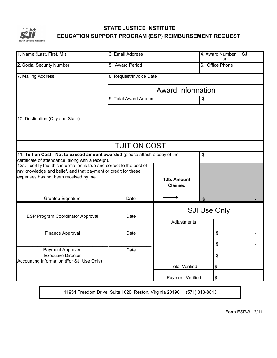 Form ESP-3 Education Support Program (Esp) Reimbursement Request, Page 1