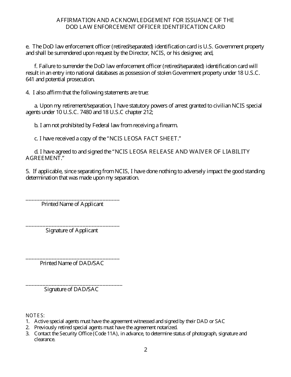 Affirmation and Acknowledgment for Issuance of the DoD Law Enforcement Officer (Retired / Separated) Identification Card Form, Page 2