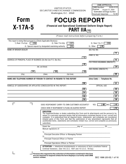 SEC Form 1696 (X-17A-5) Part IIA  Printable Pdf