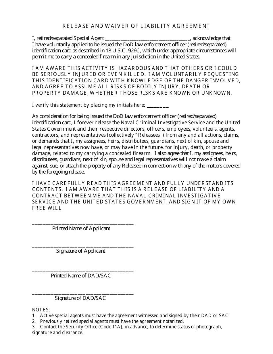 Release and Waiver of Liability Agreement, Page 1