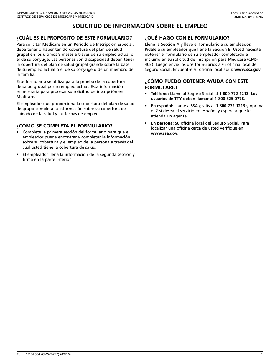 Formulario CMS-L564 Solicitud De Informacion Sobre El Empleo (Spanish), Page 1