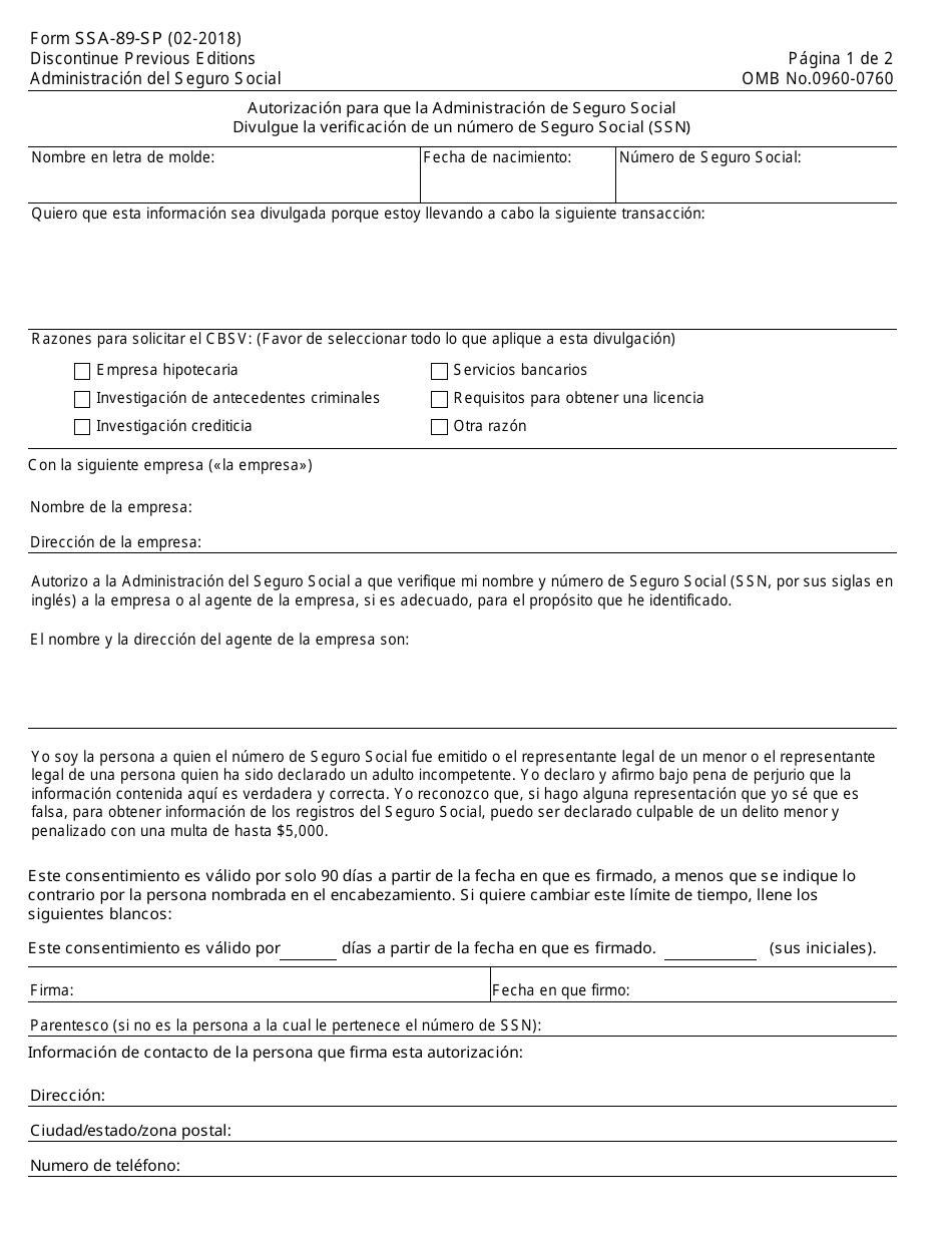 Formulario SSA-89-sp Autorizacion Para Que La Administracion De Seguro Social Divulgue La Verificacion De Un Numero De Seguro Social (Ssn) (Spanish), Page 1