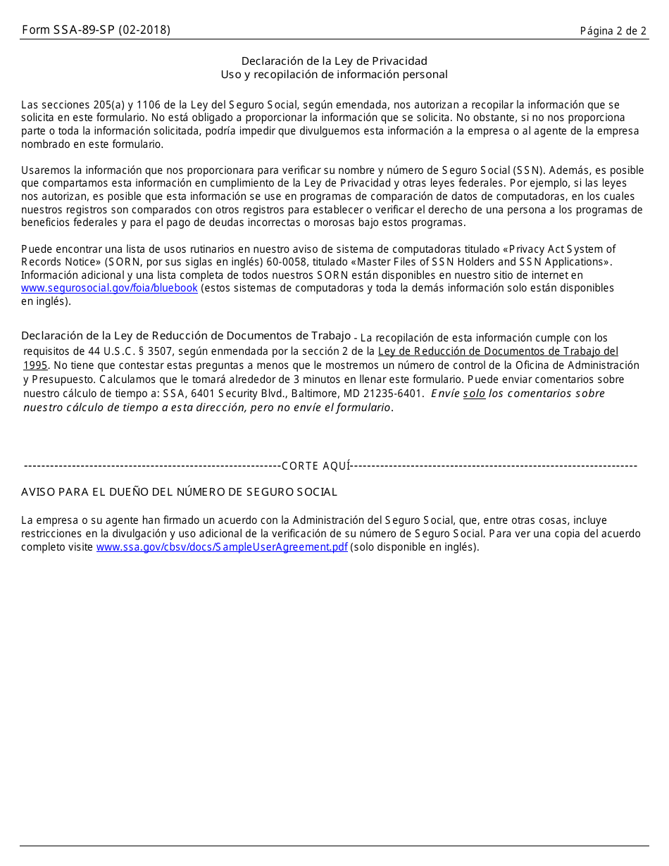 Formulario SSA-89-sp Autorizacion Para Que La Administracion De Seguro Social Divulgue La Verificacion De Un Numero De Seguro Social (Ssn) (Spanish), Page 2
