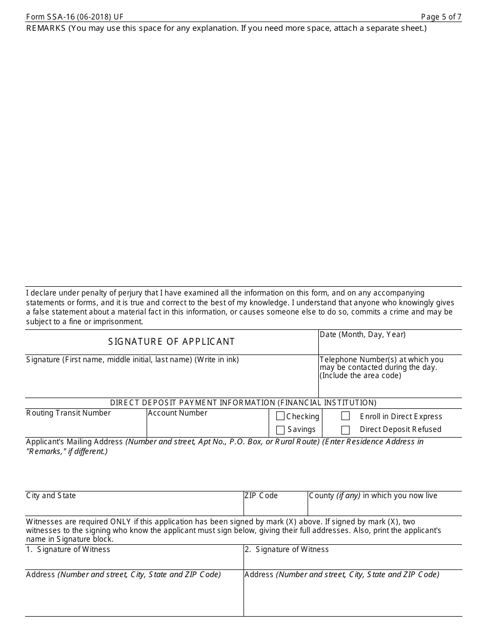 Form SSA-16 Application for Disability Insurance Benefits, Page 5