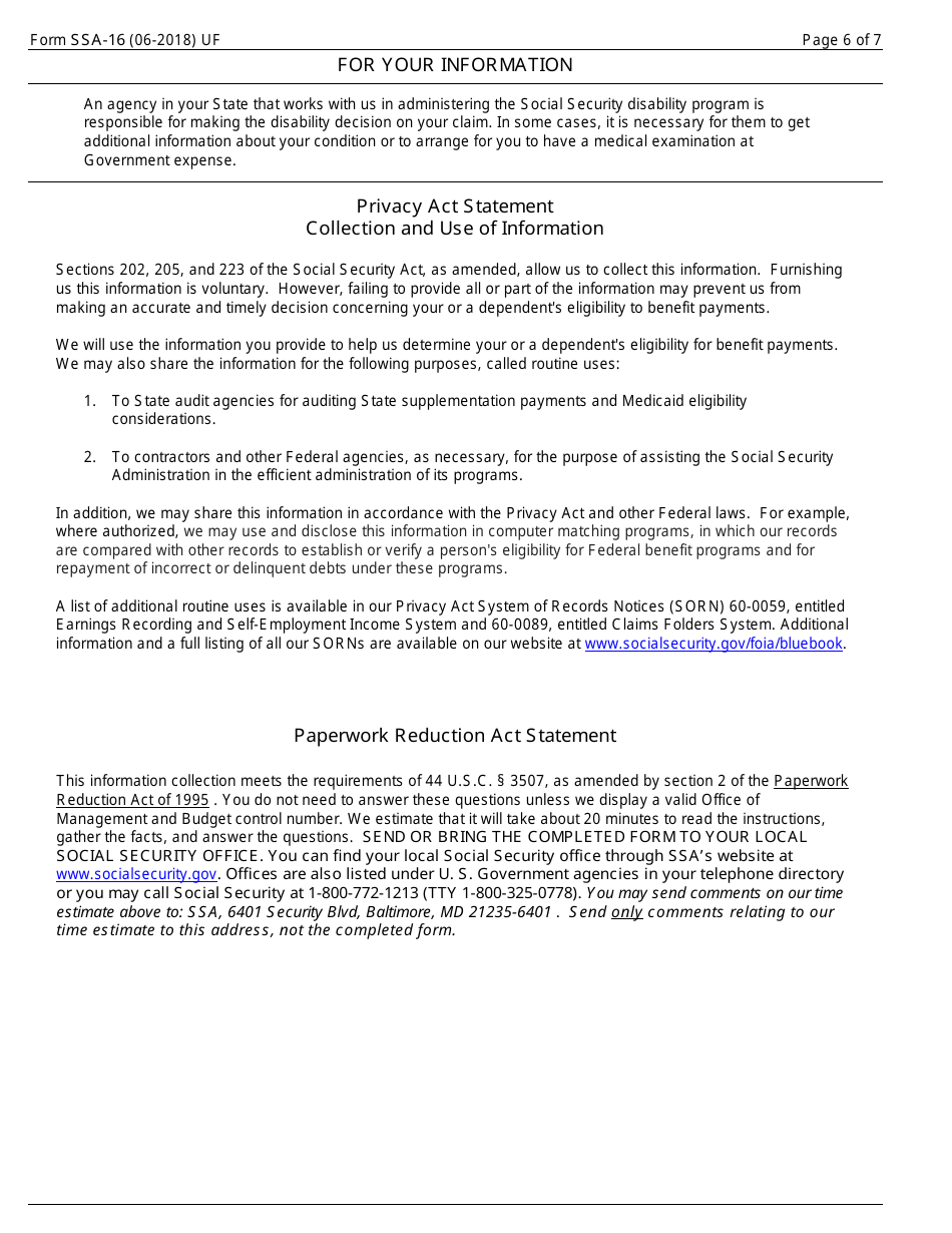 Form SSA-16 Application for Disability Insurance Benefits, Page 6