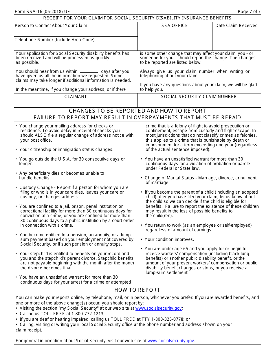 Form SSA-16 Application for Disability Insurance Benefits, Page 7