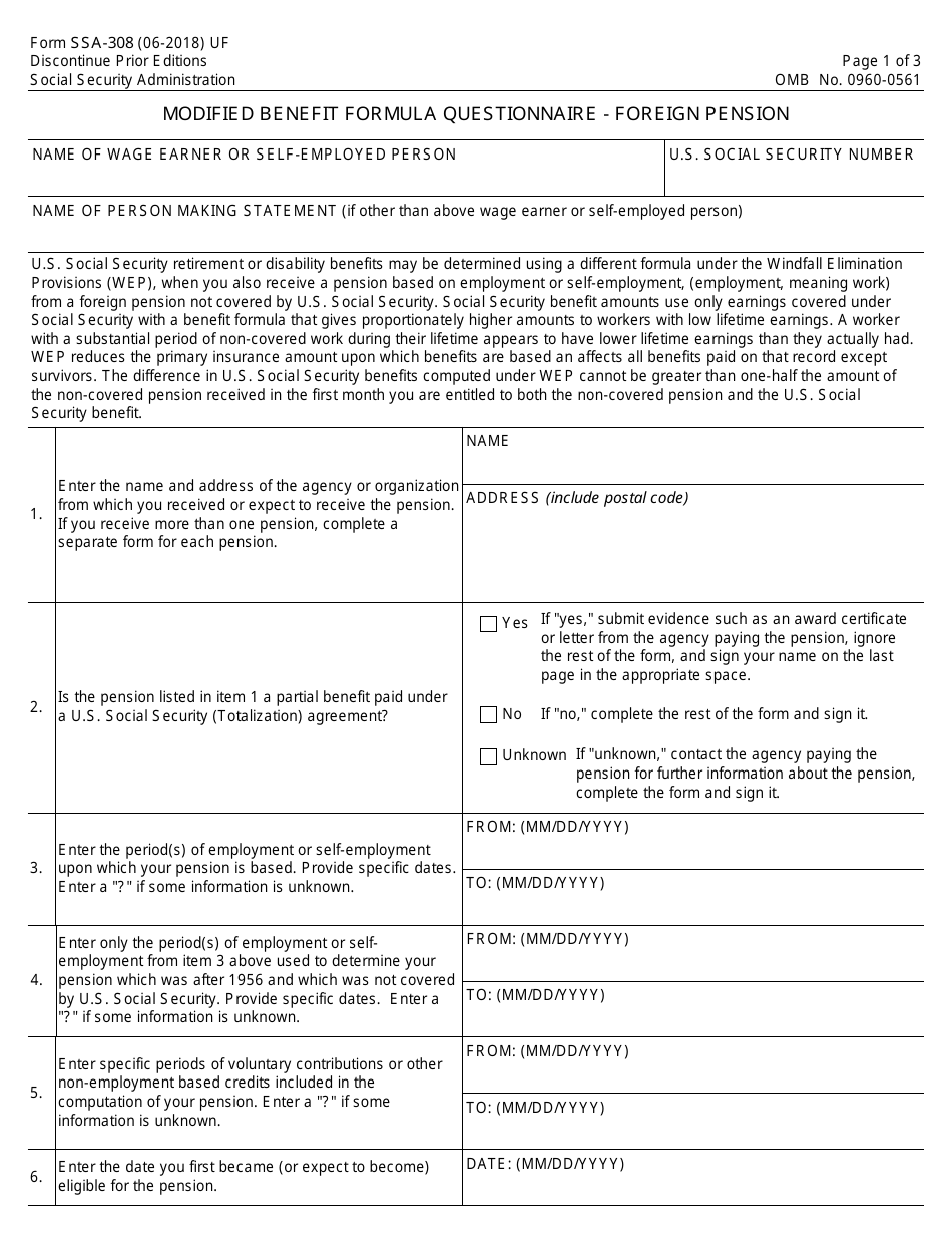 Form SSA-308 Modified Benefit Formula Questionnaire - Foreign Pension, Page 1