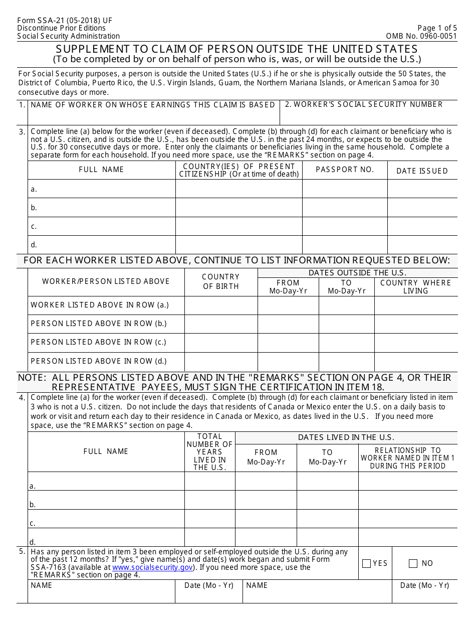 Form 21 Supplement to Claim of Person Outside the United States, Page 1