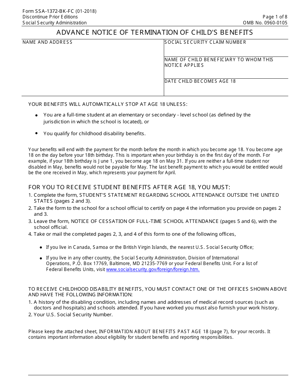 Form SSA-1372-BK-FC Advance Notice of Termination of Childs Benefits, Page 1