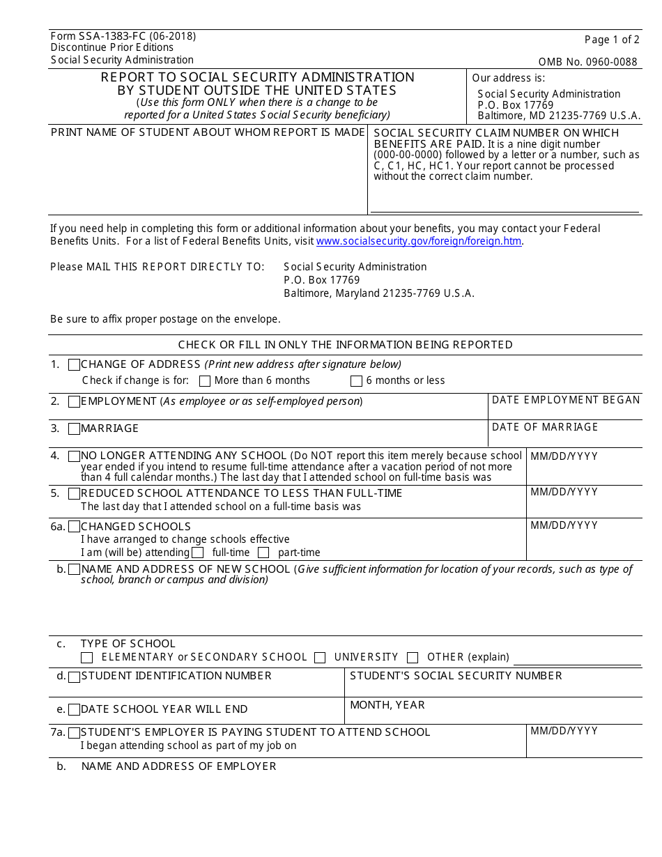 Form SSA-1383-FC Report to Social Security Administration by Student Outside the United States, Page 1