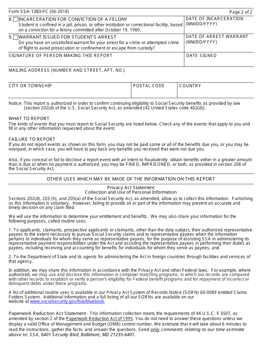Form SSA-1383-FC Report to Social Security Administration by Student Outside the United States, Page 2