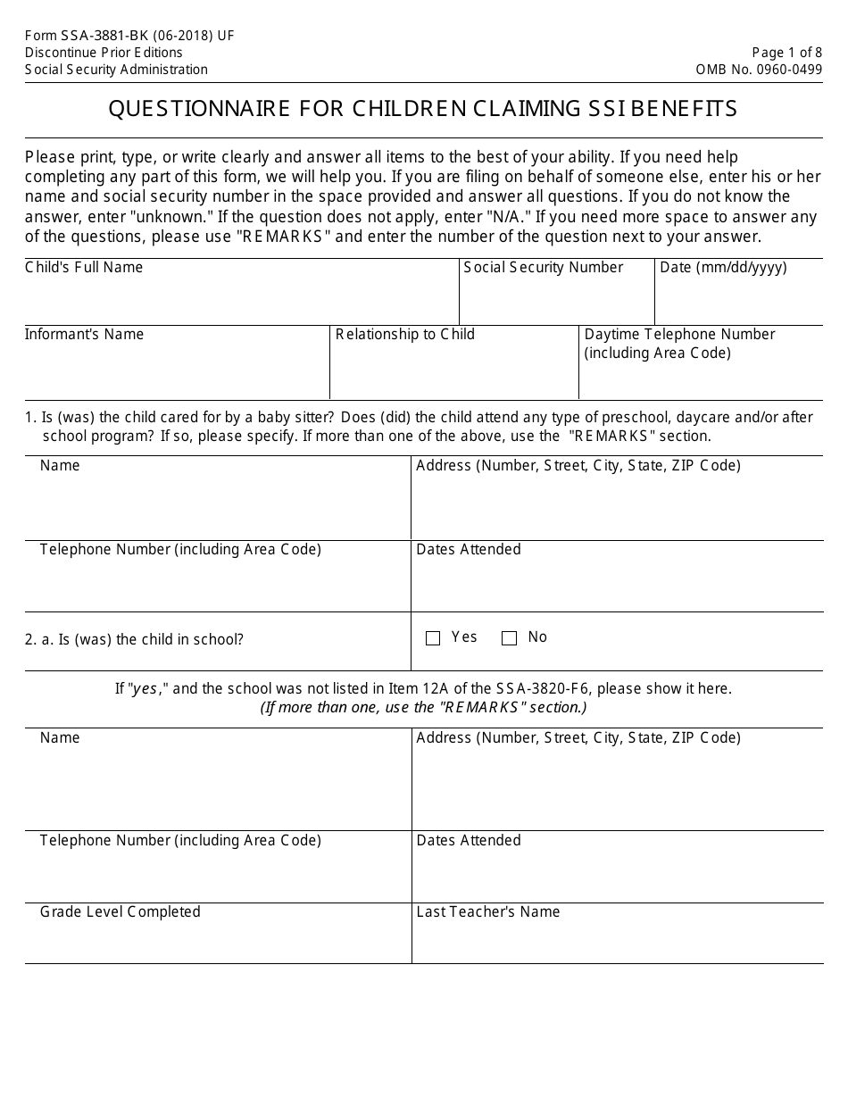 Form SSA-3881-bk Questionnaire for Children Claiming Ssi Benefits, Page 1