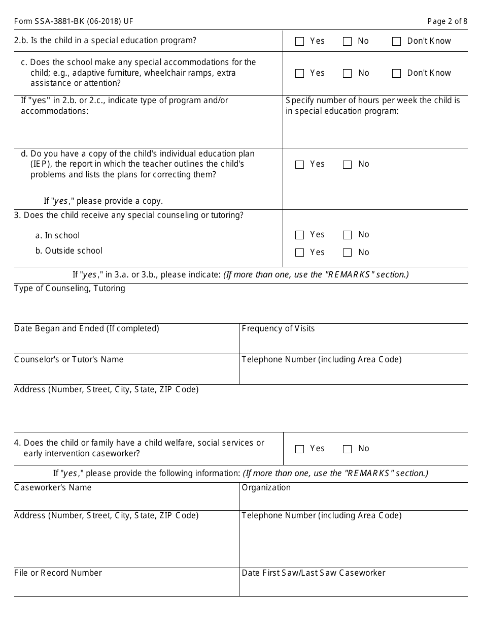 Form SSA-3881-bk Questionnaire for Children Claiming Ssi Benefits, Page 2