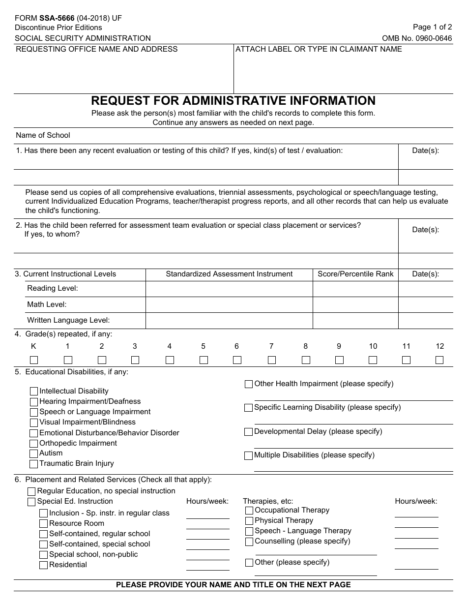 Form SSA-5666 Request for Administrative Information, Page 1