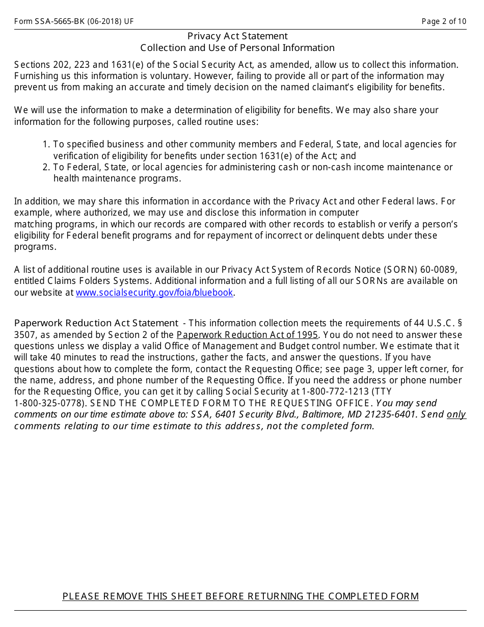 Form SSA-5665-bk Teacher Questionnaire, Page 2