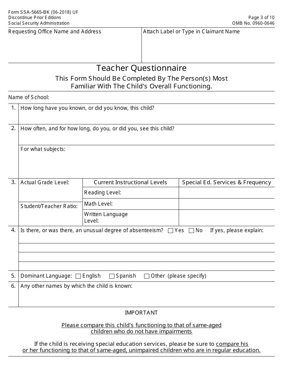 Form SSA-5665-bk Teacher Questionnaire, Page 3