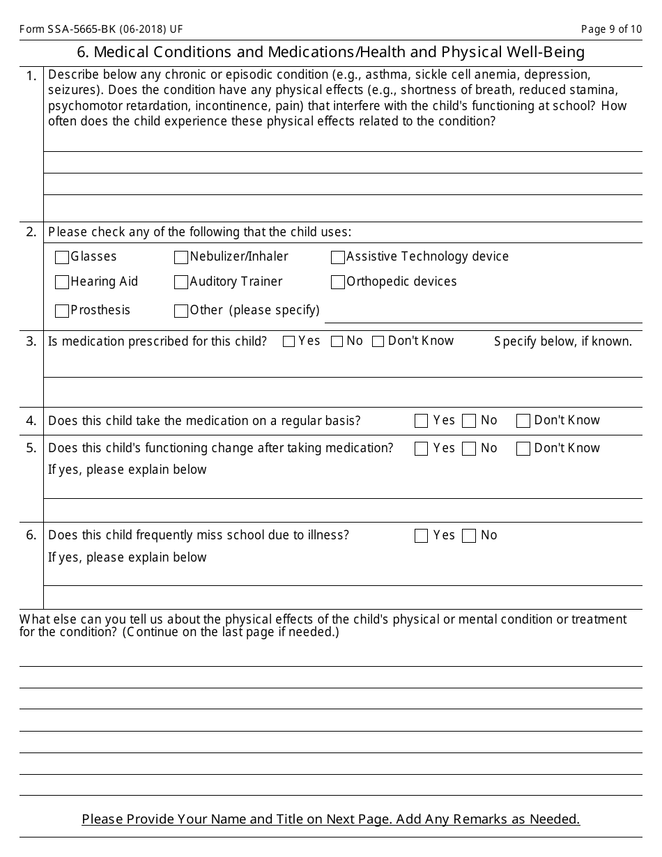 Form SSA-5665-bk Teacher Questionnaire, Page 9