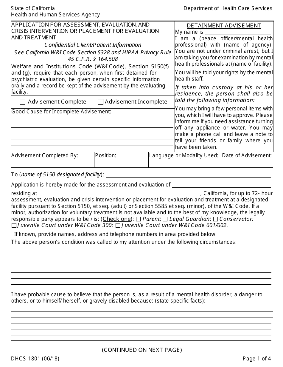 Form DHCS1801 Application for Assessment, Evaluation, and Crisis Intervention or Placement for Evaluation and Treatment - California, Page 1