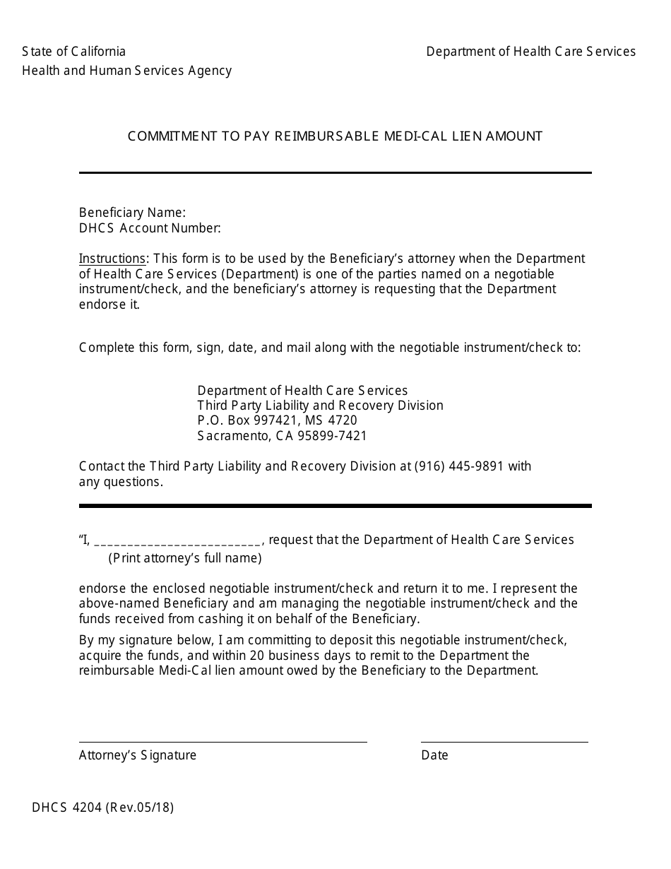 Form DHCS4204 Commitment to Pay Reimbursable Medi-Cal Lien Amount - California, Page 1